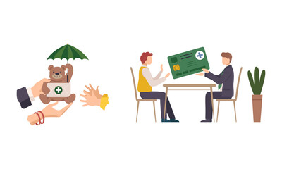 Health Insurance or Medical Insurance Man at Table with Credit Card and Handing Teddy Bear Under Umbrella Vector Set