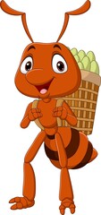 Cartoon funny ant carrying a basket of foods - 471960784