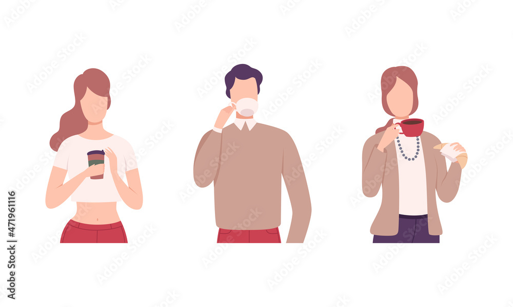 Poster young man and woman character holding cup with hot coffee drink vector set