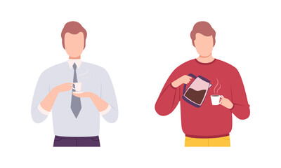 Young Man Character Holding Cup with Hot Coffee Drink Vector Set