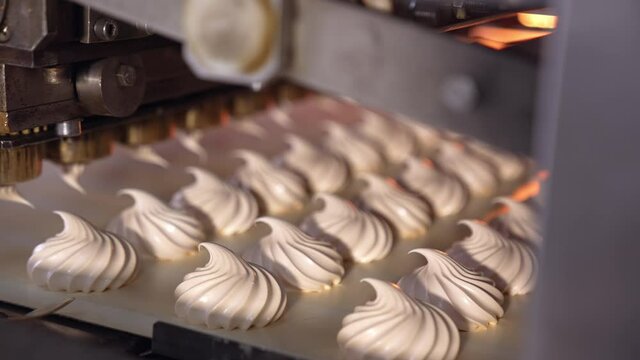 Confectionery industrial production. Marshmallow making factory conveyor.