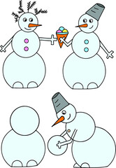 Two color plot pictures with snowmen (snowman with ice cream, snowman sculpts a snowman)