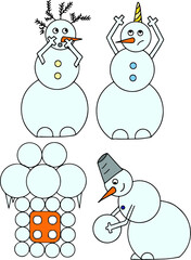 Two color subject vector illustrations of snowmen. Snowman unicorn. Snowman builds a snow house.