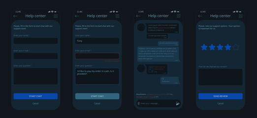 Dark theme for chat bot window ui for smart phone. Dialog design can be used as a part of support application or website. It has bubbles, forms and rating interface.