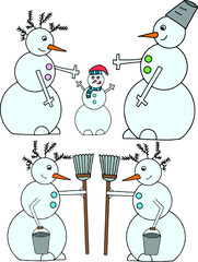 Two color subject vector illustrations of snowmen. A family of snowmen. Snowman with a broom and a bucket.