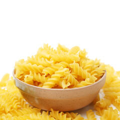 Italian pasta (Gomiti Rigati) on white background