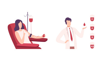 Man and Woman Character Engaged in Blood Donation for Transfusion Vector Set