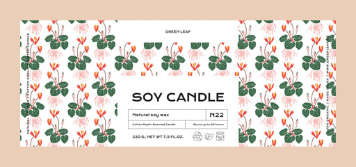 Fototapeta na wymiar Hand drawn botanical vector cosmetics label design template for soy candle