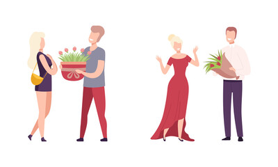 Man Giving Bouquet of Flowers to Woman Making Gallant Gesture Vector Set
