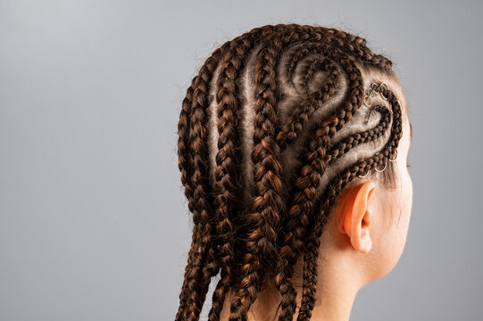 Close-up of braids on the head of a caucasian woman.