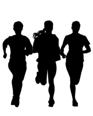 Young athletes women run a marathon. Isolated silhouettes on white background - 471962174