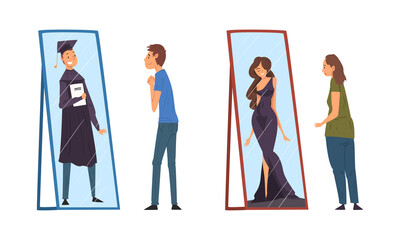 Man and Woman Standing in Front of Mirror Looking at Their Reflection and Imagine Themselves as Successful and Attractive Vector Set
