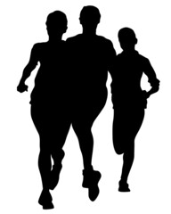 Fototapeta na wymiar Young athletes women run a marathon. Isolated silhouettes on white background