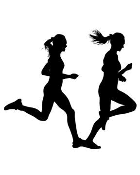 Young athletes women run a marathon. Isolated silhouettes on white background