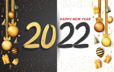 happy new year 2022 black and golden number with party element isolated on black and white background