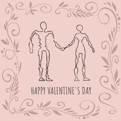 Postcard with patterns with two people in love holding hands, in doodle and line art style. For weddings, invitations, Valentine's Day, for love and lovers