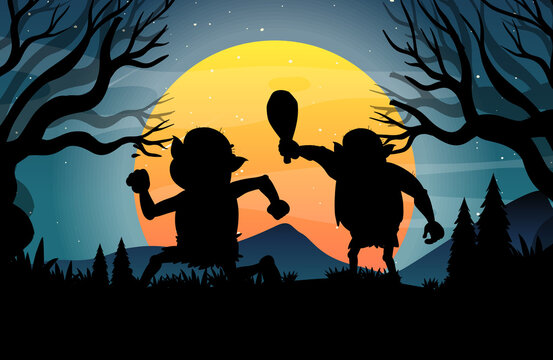 Halloween night background with trolls silhouette