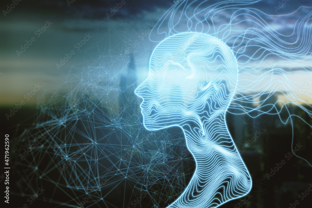 Poster creative glowing polygonal head and waves on blurry night city background. artificial intelligence, 