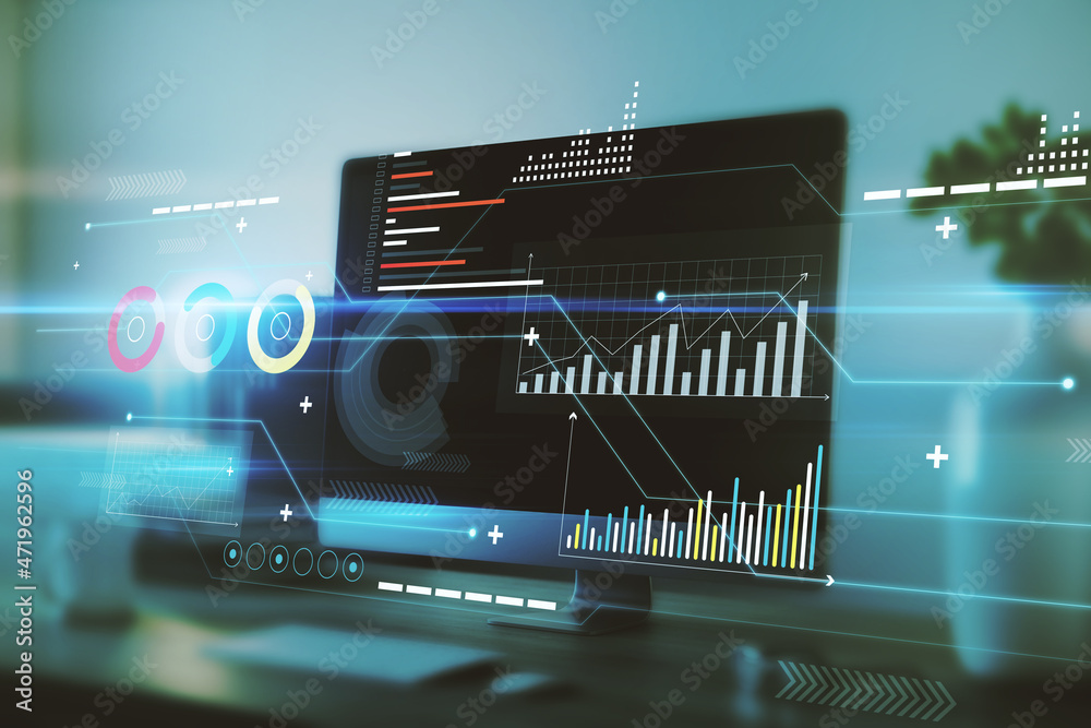 Aufkleber Digital business chart interface on blurry office interior background with computer monitor on desktop. Finance, trade, technology and future concept. Double exposure.