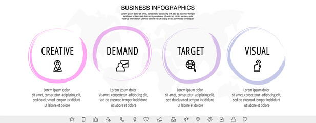 Drawn vector line infographics with four circles and icons. Flat chart process template with 4 steps. Sketch timeline for business project, presentation, web, diagram