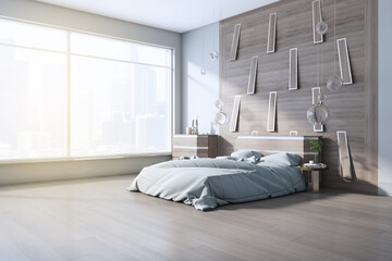 Modern bedroom interior with furniture, wooden flooring and mock up place on bright window. 3D Rendering.