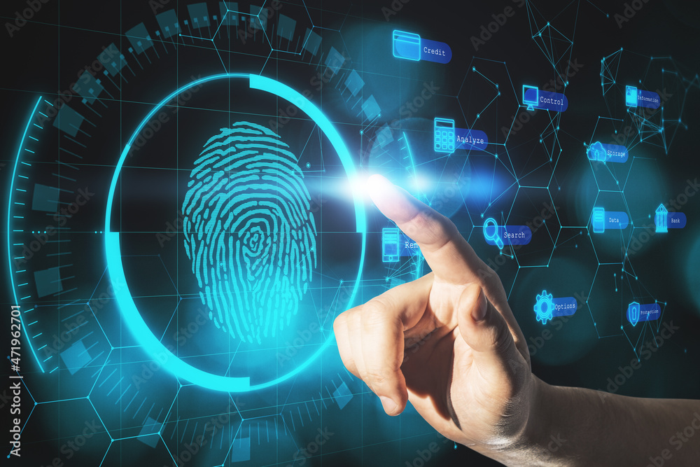 Poster Man hand pointing at creative fingerprint interface on blurry bokeh background. Biometrics and security concept. Double exposure.