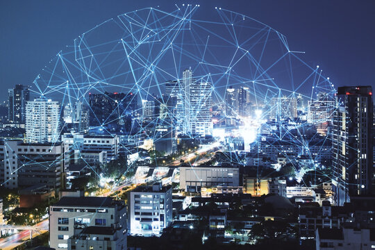 Glowing night city background with polygonal sphere. Communication, urbanization and global business concept. Double exposure.