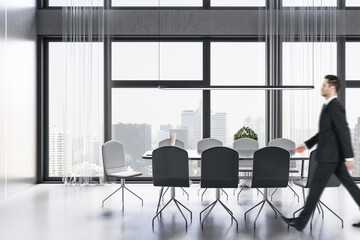 Modern meeting room office interior with table, armchairs, window with city view and daylight. Workplace and law and legal concept. 3D Rendering.
