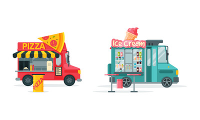 Wheeled Food Truck Selling Pizza and Ice Cream as Street Snack Restaurant Vector Set