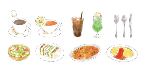 Watercolor cafe illustration menu hand drawn isolated on white set 01.