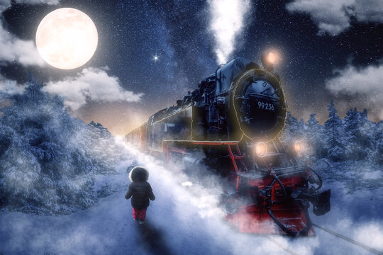 Kleines Kind träumt von dem Polarexpress in einer winterlichen Landschaft