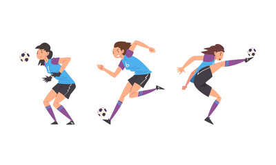 Fototapeta na wymiar Woman Soccer or Football Player Kicking and Passing Ball Vector Set