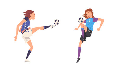 Fototapeta na wymiar Woman Soccer or Football Player Kicking and Passing Ball Vector Set