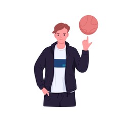 Teenager spinning, rotating ball with finger. Boy athlete demonstrate skill. Young teen basketball player portrait, standing in sportswear. Flat vector illustration isolated on white background