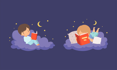 Cute Little Boy Lying on Soft Cloud at Night and Reading Bedtime Story Vector Set
