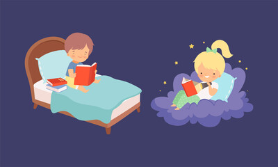 Cute Little Boy and Girl Sitting on Soft Cloud and Bed at Night and Reading Bedtime Story Vector Set