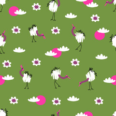 Doodle seamless pattern with cranes and lotus flowers. Perfect for T-shirt, textile and print. Hand drawn vector illustration for decor and design.
