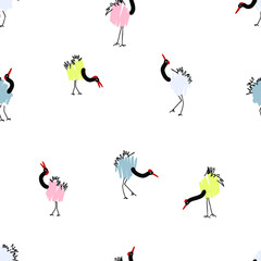 Doodle seamless pattern with red crowned cranes. Perfect for T-shirt, textile and print. Hand drawn vector illustration for decor and design.
