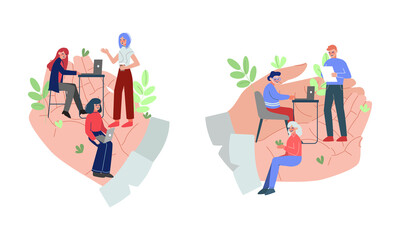 Tiny Man and Woman Office Employee Working in Giant Hand Vector Set