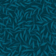 Silhouettes of leaves olive seamless pattern. Vector hand drawn illustration in simple scandinavian doodle cartoon style. Isolated blue branches on a dark blue background.