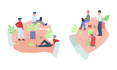Tiny Man and Woman Office Employee Working in Giant Hand Vector Set