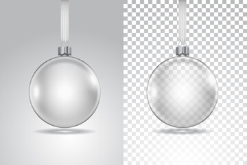 Vector illustration of a glass transparent christmas ball on a plane background, realistic xmas ball