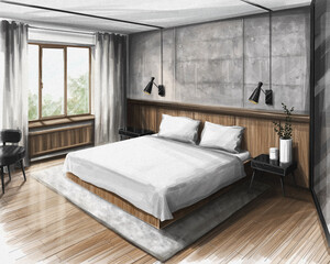 interior sketch design of a bedroom in a modern style with a concrete wall digital drawing