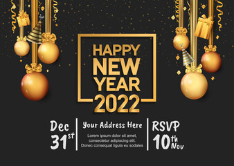 happy new year 2022 golden number in square with party element isolated on black background