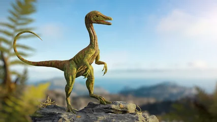 Zelfklevend Fotobehang Compsognathus longipes, tiny dinosaur species from the Late Jurassic period, background © dottedyeti