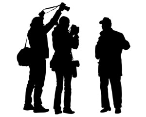 Man and women with a camera on street. Isolated silhouettes of people on white background