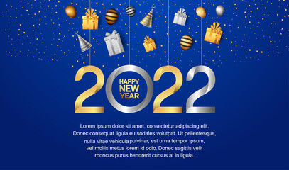 happy new year 2022 golden and silver number with party element isolated on blue background