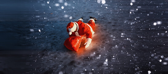 Santa Claus on ice skates goes to Christmas. Santa Claus hurries to meet the New Year with gifts...