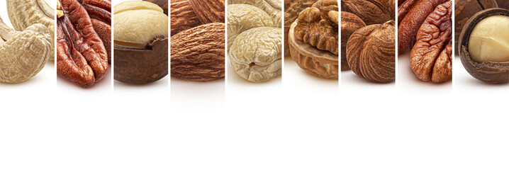 Nuts collage isolated on white background with copy space