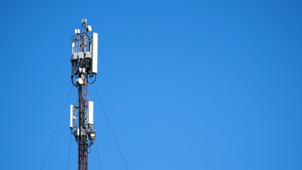 Telecommunication tower of 4G and 5G cellular. Base Station or Base Transceiver Station. Wireless Communication Antenna Transmitter. part of a modern communication tower.